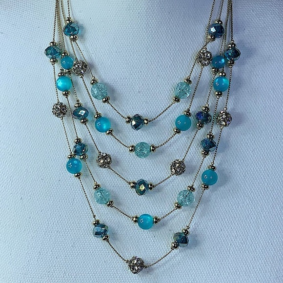 Glass Bead Crystal Necklace Cascade 5 Layer Faceted Sparkly By M. Haskell Blues - Picture 7 of 16